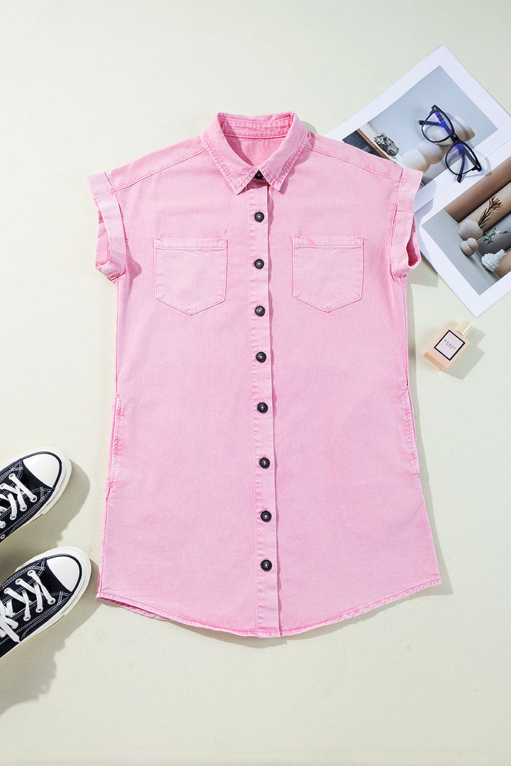 Short Sleeve Double Chest Pocket Denim Shirt Dress