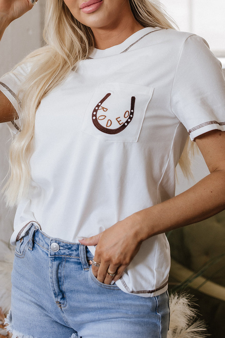 rodeo horseshoe embroidered patch pocket t shirt