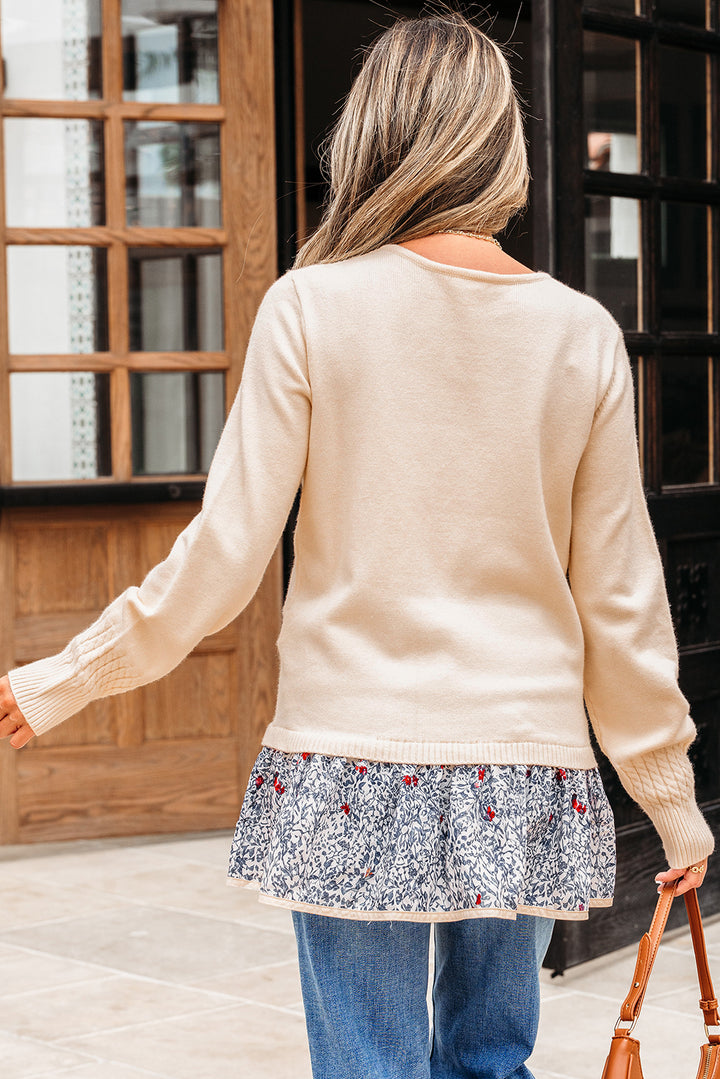 Cable Texture Bohemian Ruffle Hem Patchwork Sweater