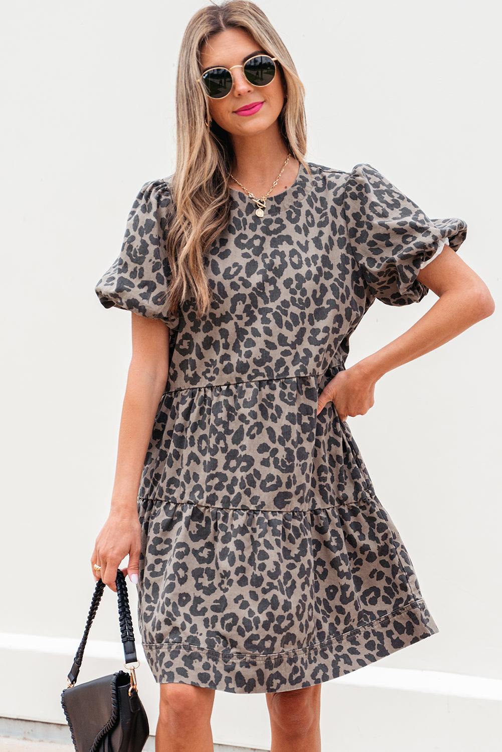 denim leopard printed short puff sleeve mini dress
