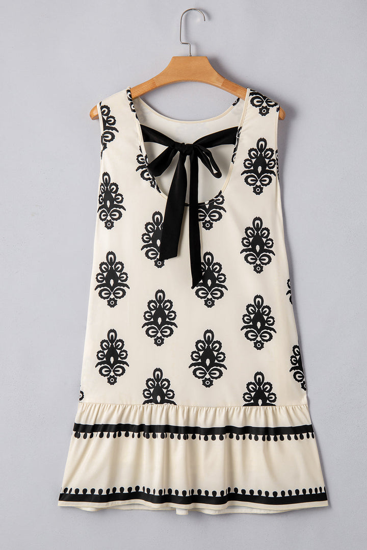 Geometric Printed Sleeveless Hollowed Bowknot Back Mini Dress