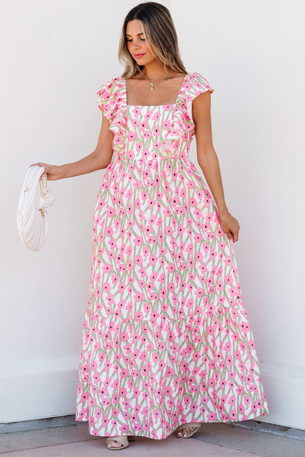 Floral Print Square Neck Ruffled Strap Maxi Dress