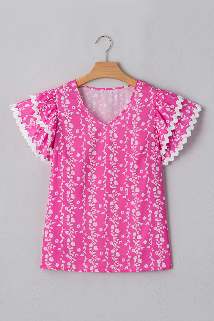 Floral Print Ric-rac Tiered Ruffled V Neck Blouse