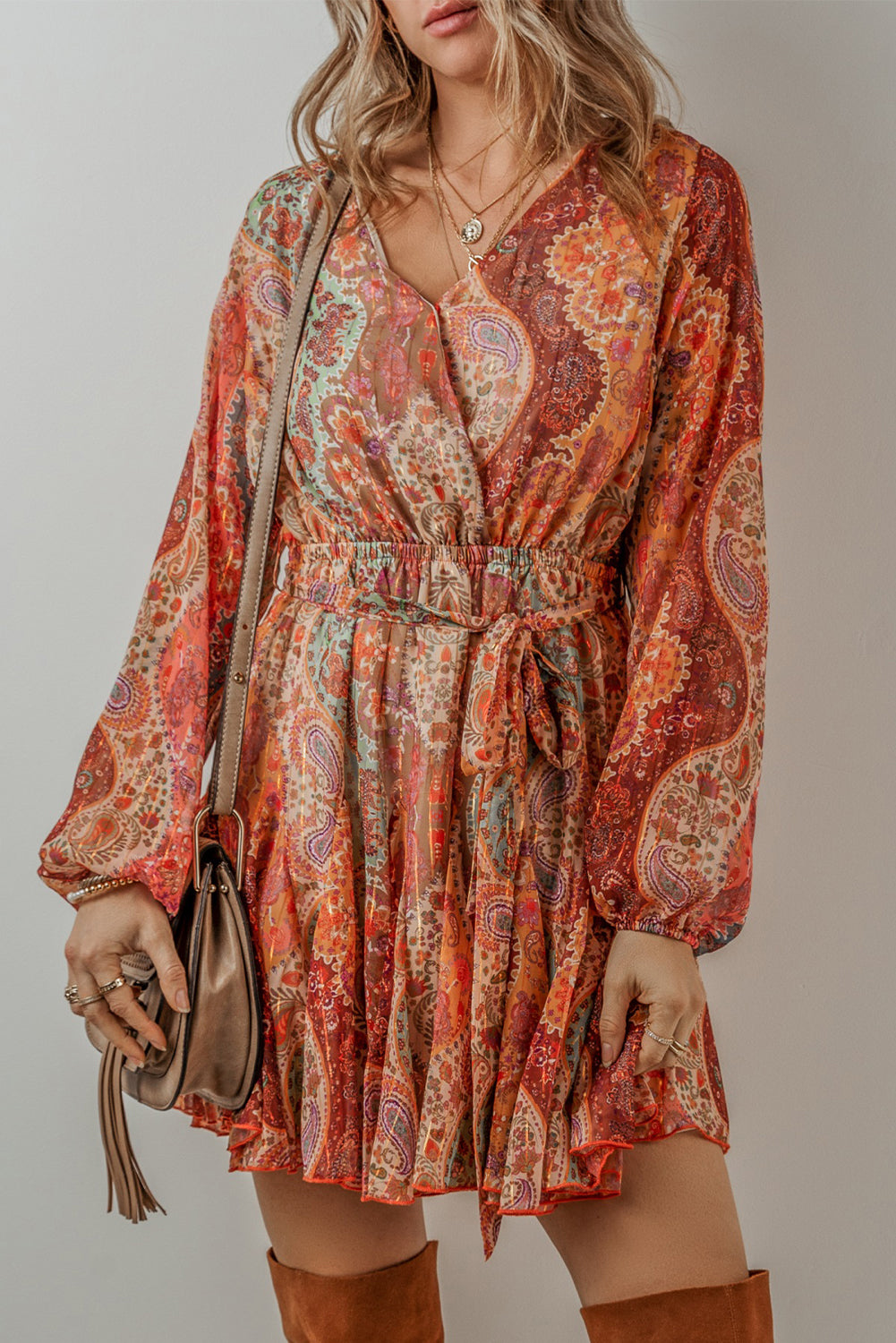 Chic Boho Paisley Print Long Sleeve Pleated Belted Mini Dress – ModeShe