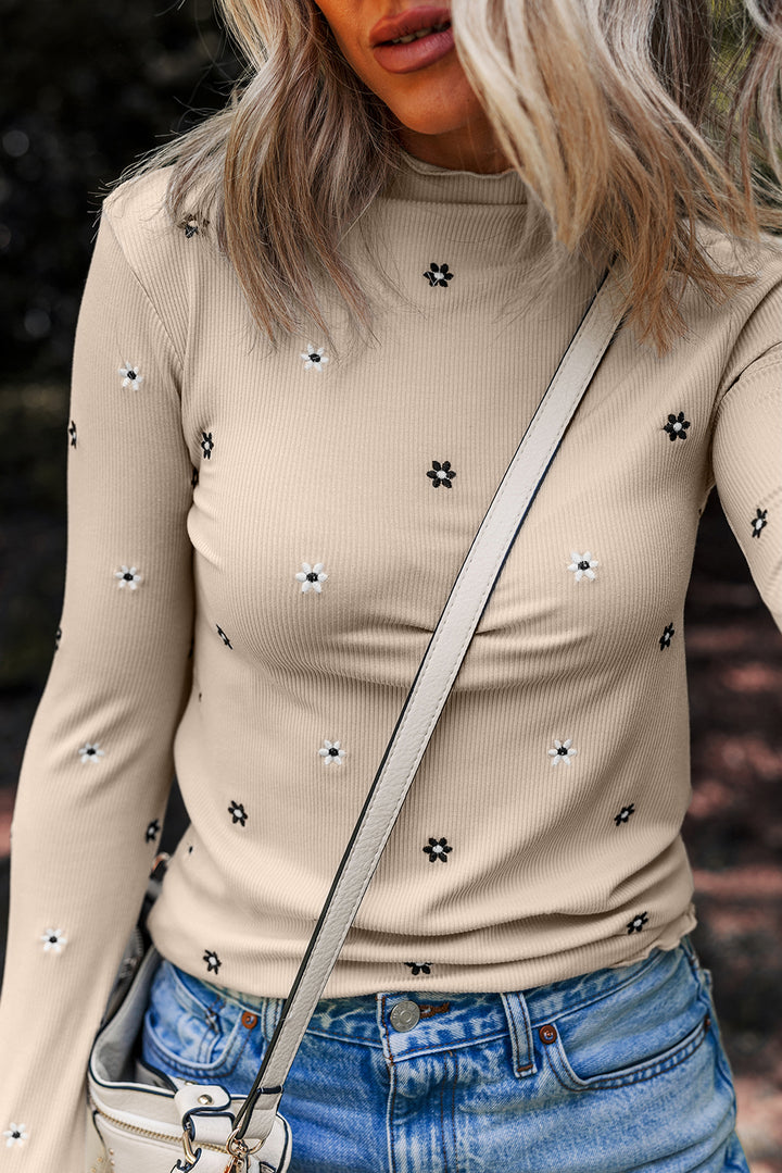 Jet Stream – Geripptes Langarmoberteil mit Blumenstickerei
