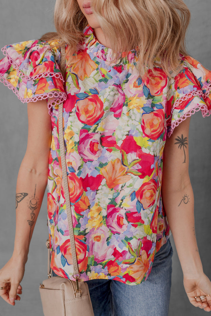 Lace Trim Ruffle Short Sleeve Floral Blouse