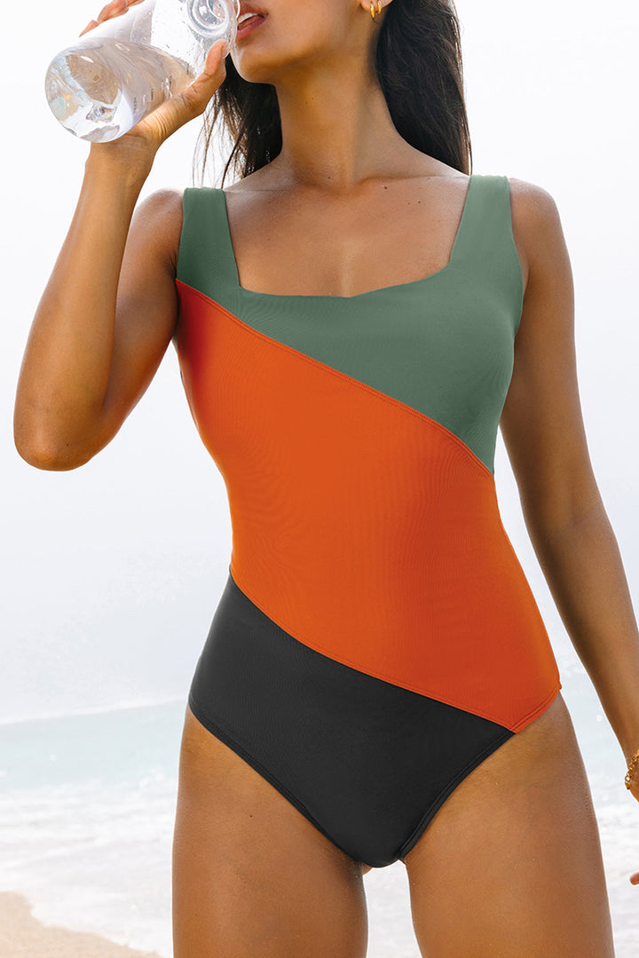 color block padded square neck one piece swimsuit