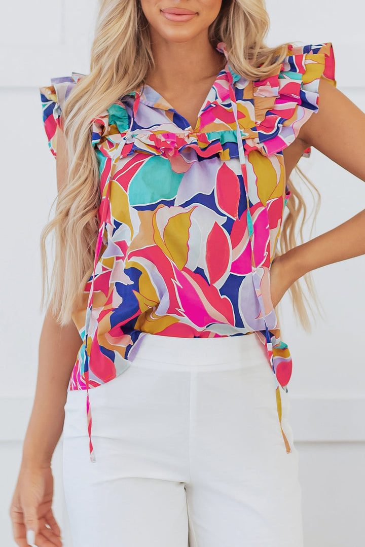 Abstract Printed Ruffled Flutter Sleeve Tied Split V Neck Blouse