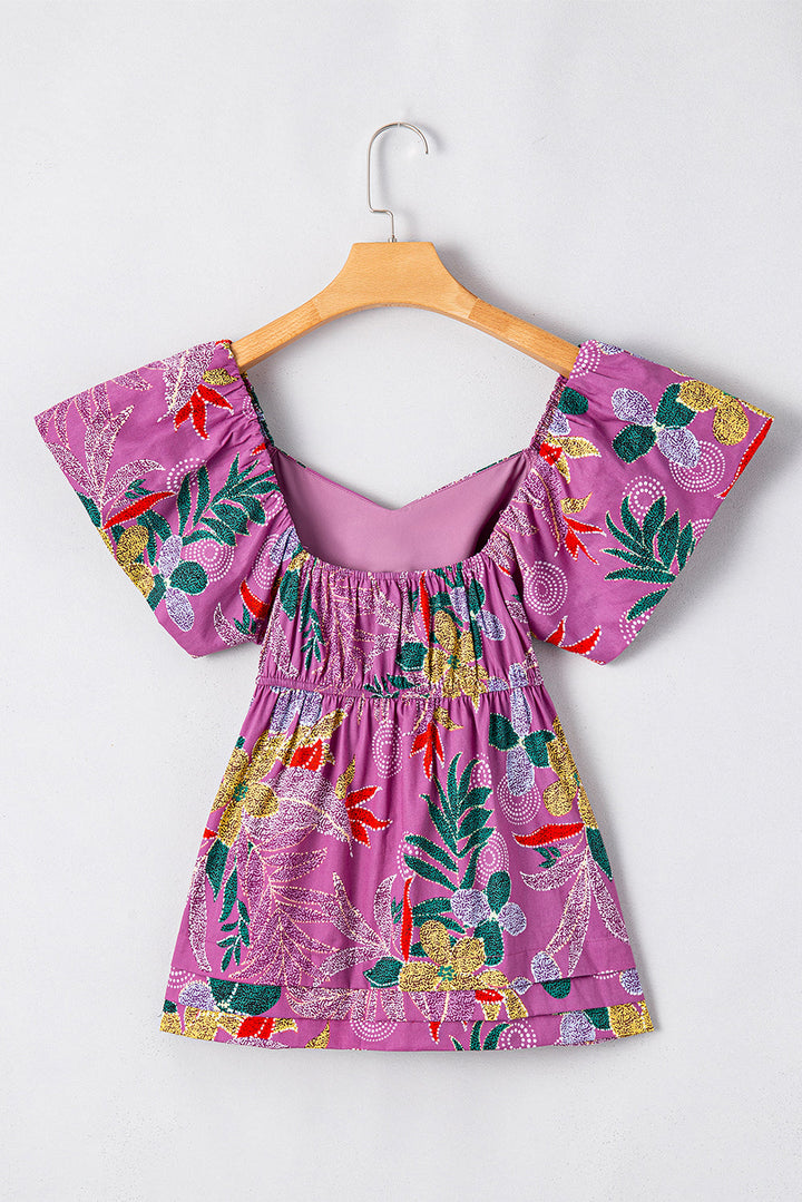 Floral Print Sweetheart Neck Flutter Sleeve Blouse