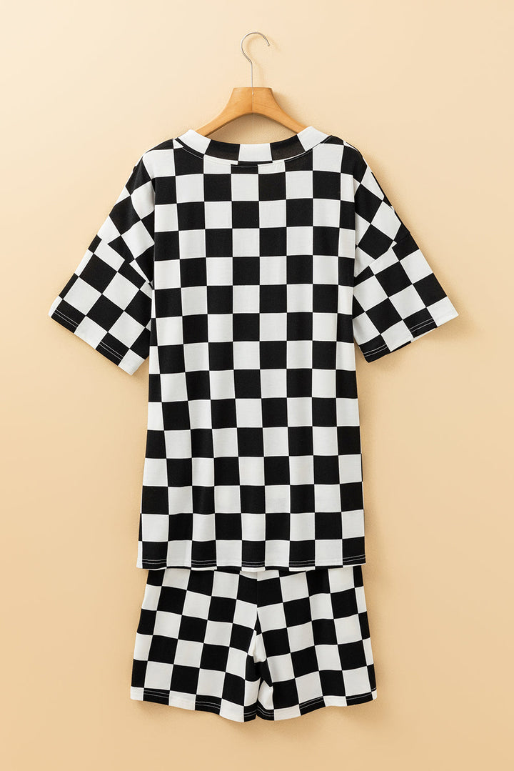 checkerboard print v neck loose tee and shorts lounge set