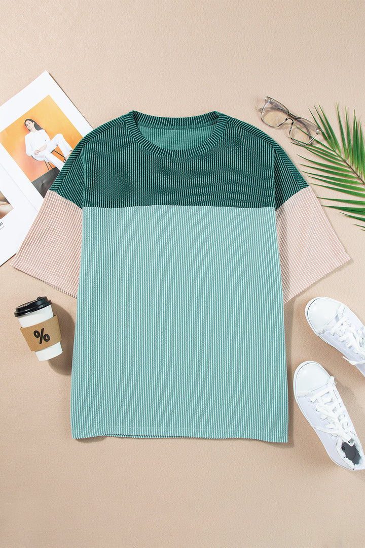 color block ribbed side slits half sleeve top