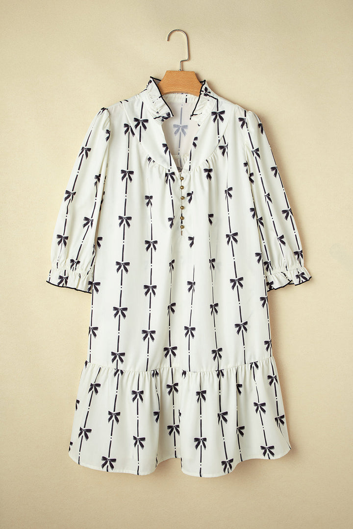 Bow Printed Puff Sleeve Ruffled Plus Size Mini Dress