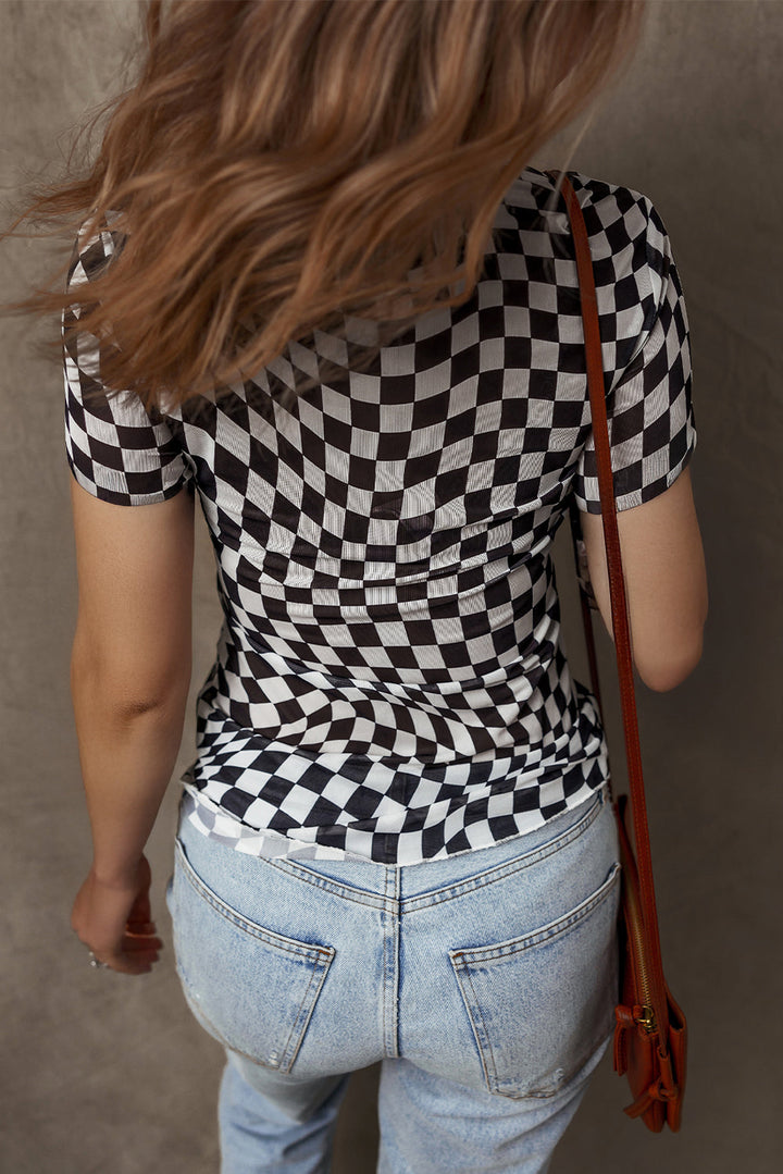 checker mesh crew neck t shirt