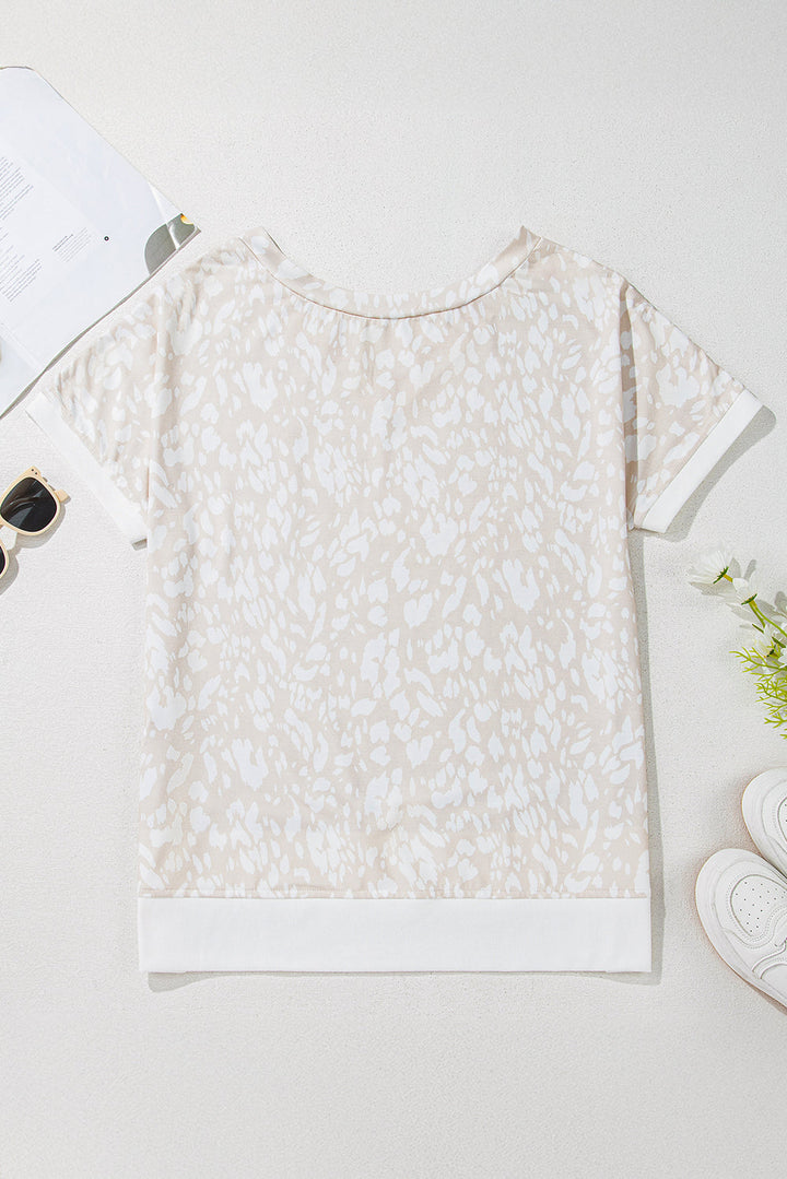 leopard print v neck side slit loose fit t shirt