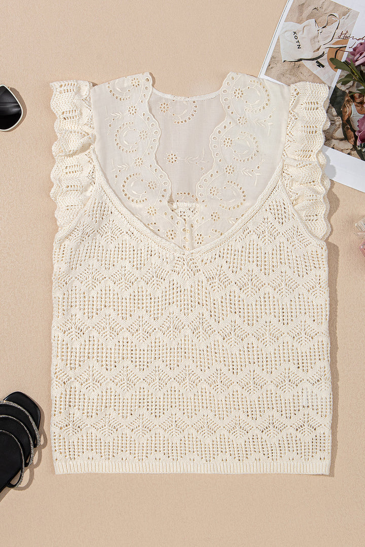 Embroidered Patchwork Hollow Out Knitted Ruffle Sweater Vest