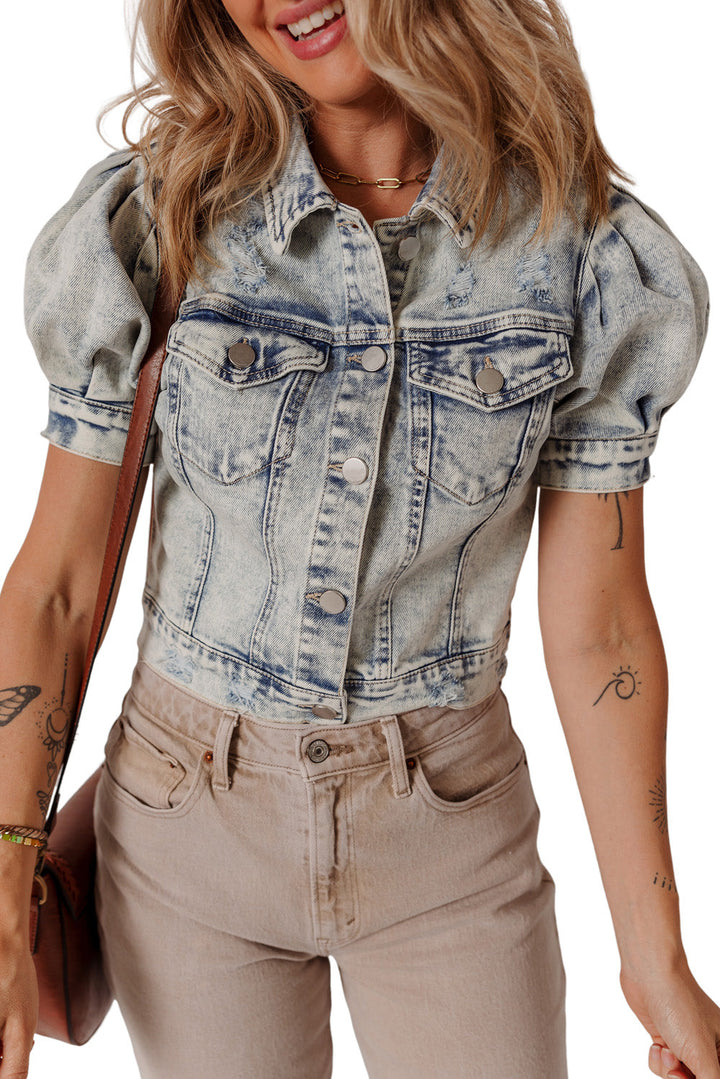 light wash buttoned chest pocket puff sleeve denim jacket