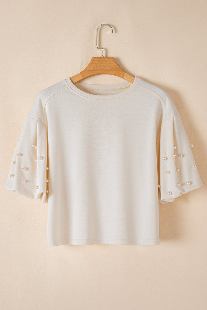 Pearled Puff Sleeve Round Neck Loose Top