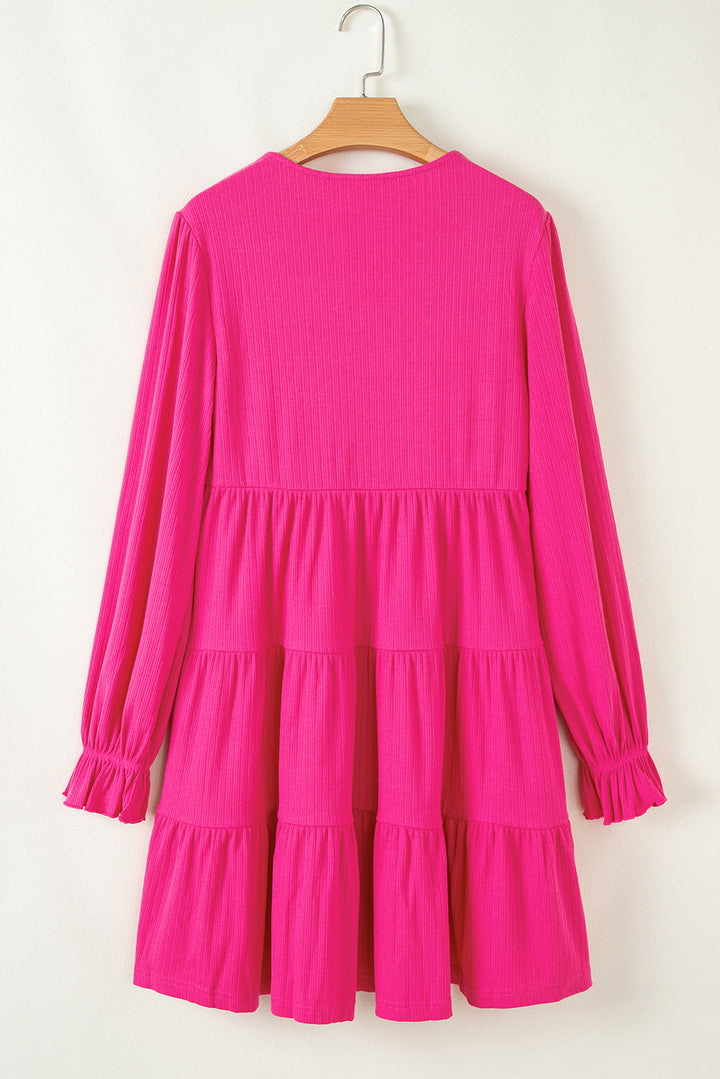 Colorful Crochet V Neck Textured Tiered Ruffled Long Sleeve Mini Dress
