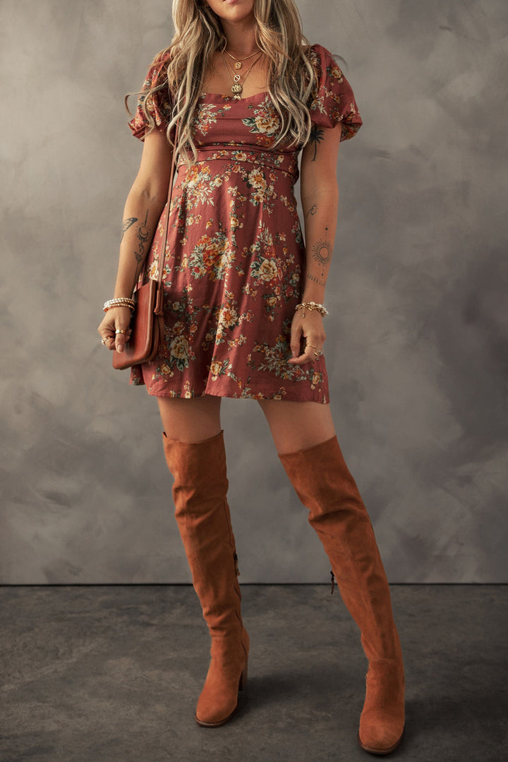 floral puff sleeve square neck knot open back mini dress