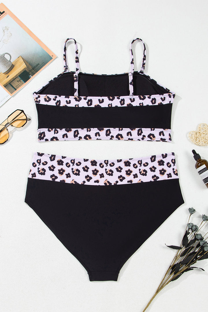 2pcs Leopard Patchwork Plus Size High Waisted Swimsuit