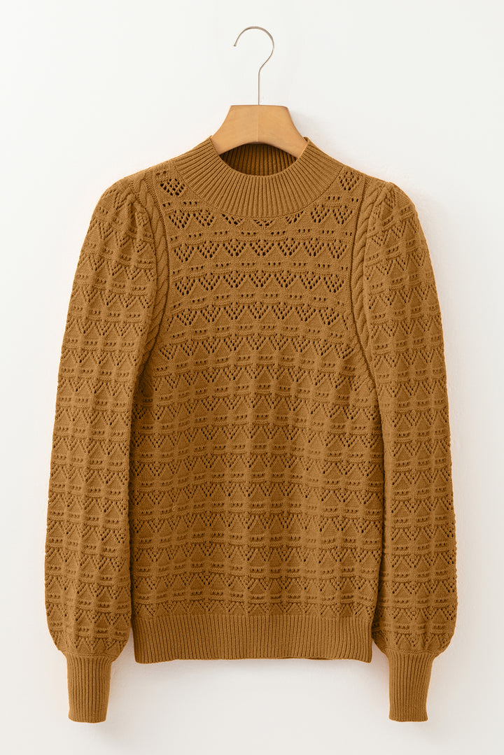 Hollow Out Crochet Ribbed Edge Balloon Sleeve Sweater