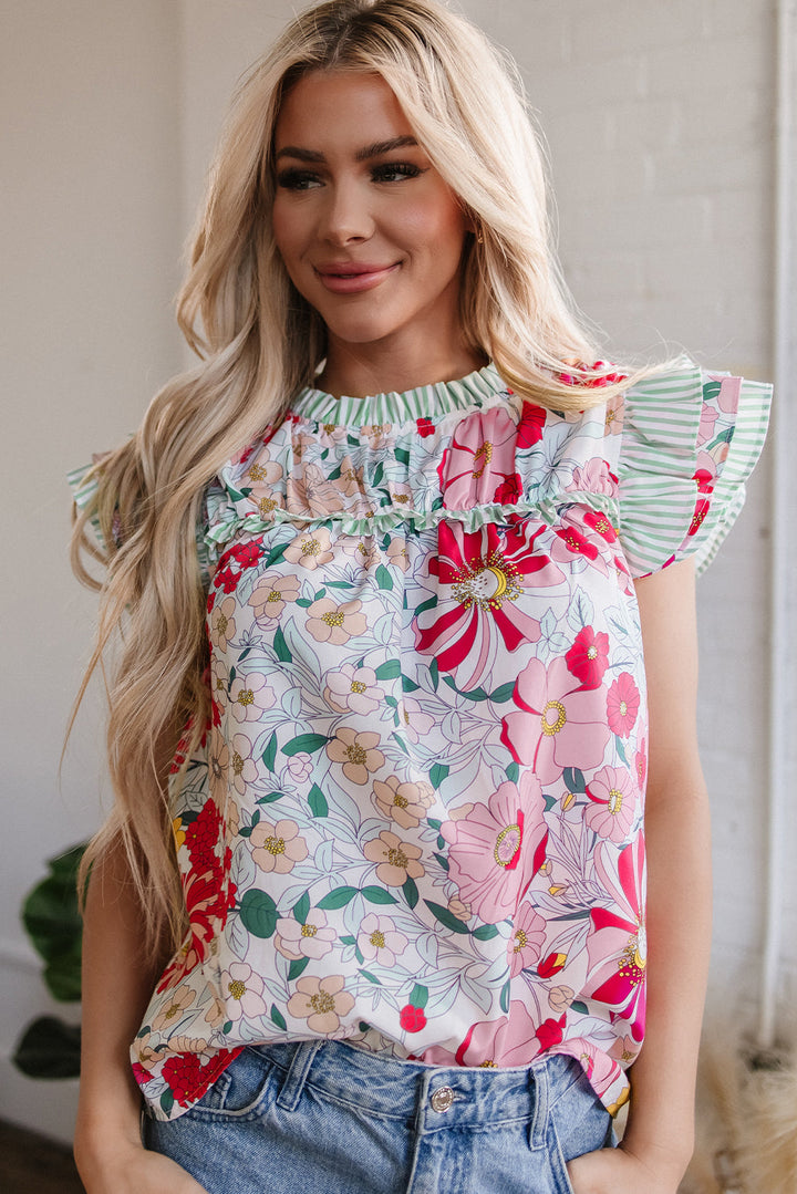 Floral Print Contrast Ruffle Trim Short Sleeve Blouse