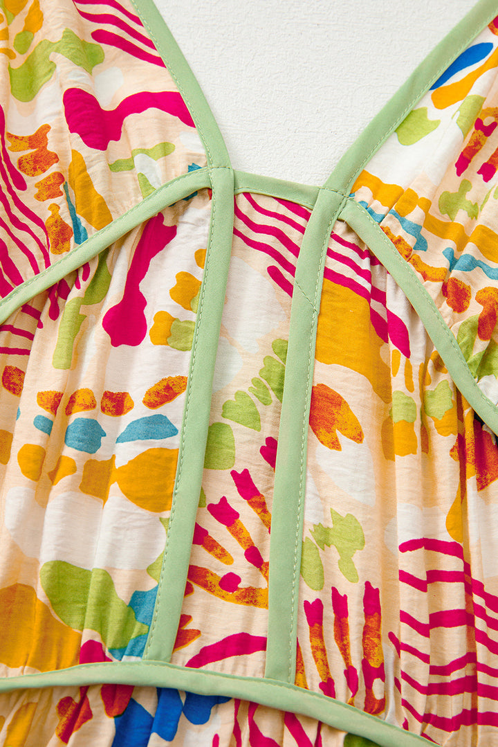Abstract Print Spaghetti Strap Piping Detail Maxi Dres