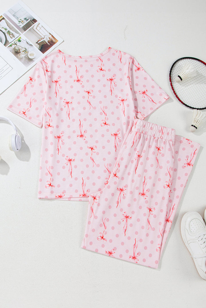 bow knot polka dot print short sleeve top lounge set