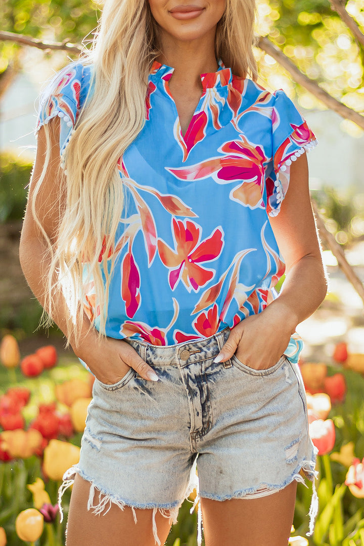 floral print v neck pompom trim flutter sleeve blouse