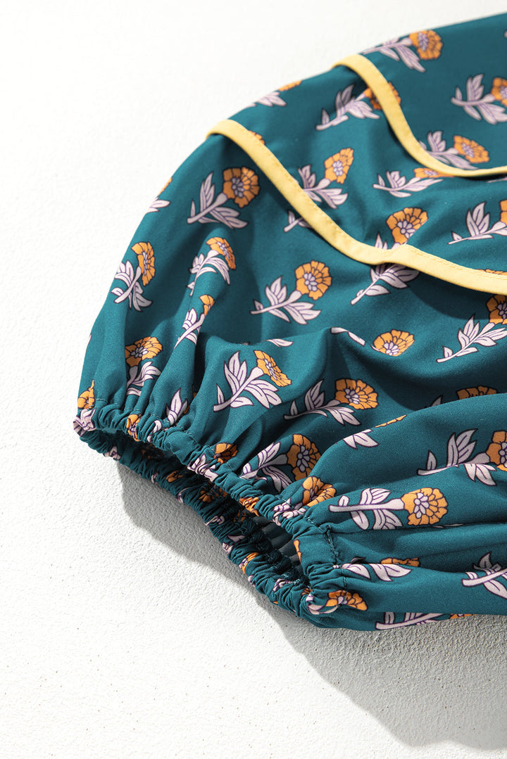 Floral Contrast Trim Square Neck Puff Sleeve Dress