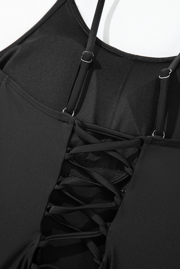 thin strap strappy lace up open back one piece swimsuit