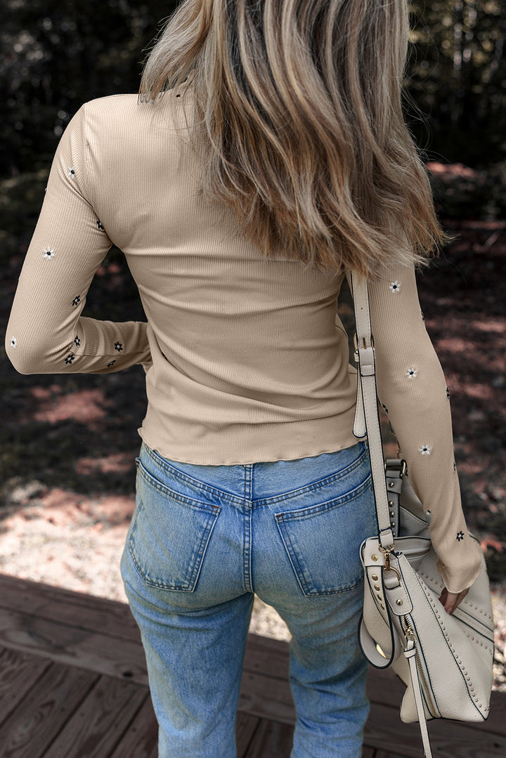 Jet Stream – Geripptes Langarmoberteil mit Blumenstickerei