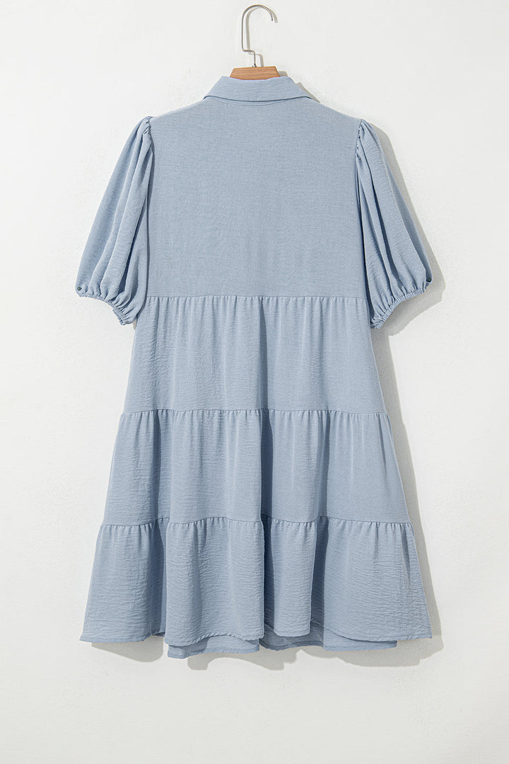 shirt collar button up short puff sleeve tiered shift dress
