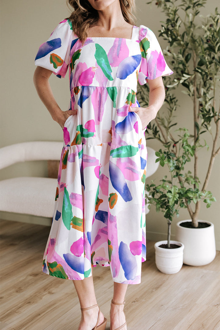 Abstract Print Puff Sleeve Smocked Back Midi Dress