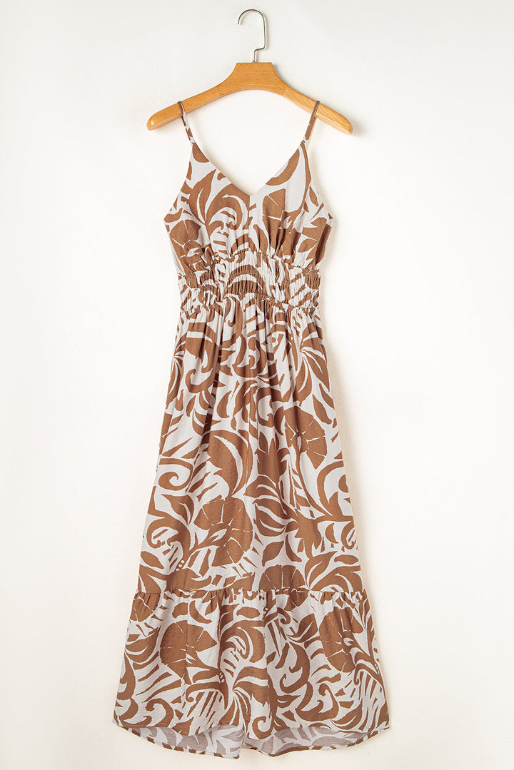 Floral Shirred High Waist Spaghetti Straps Maxi Dress