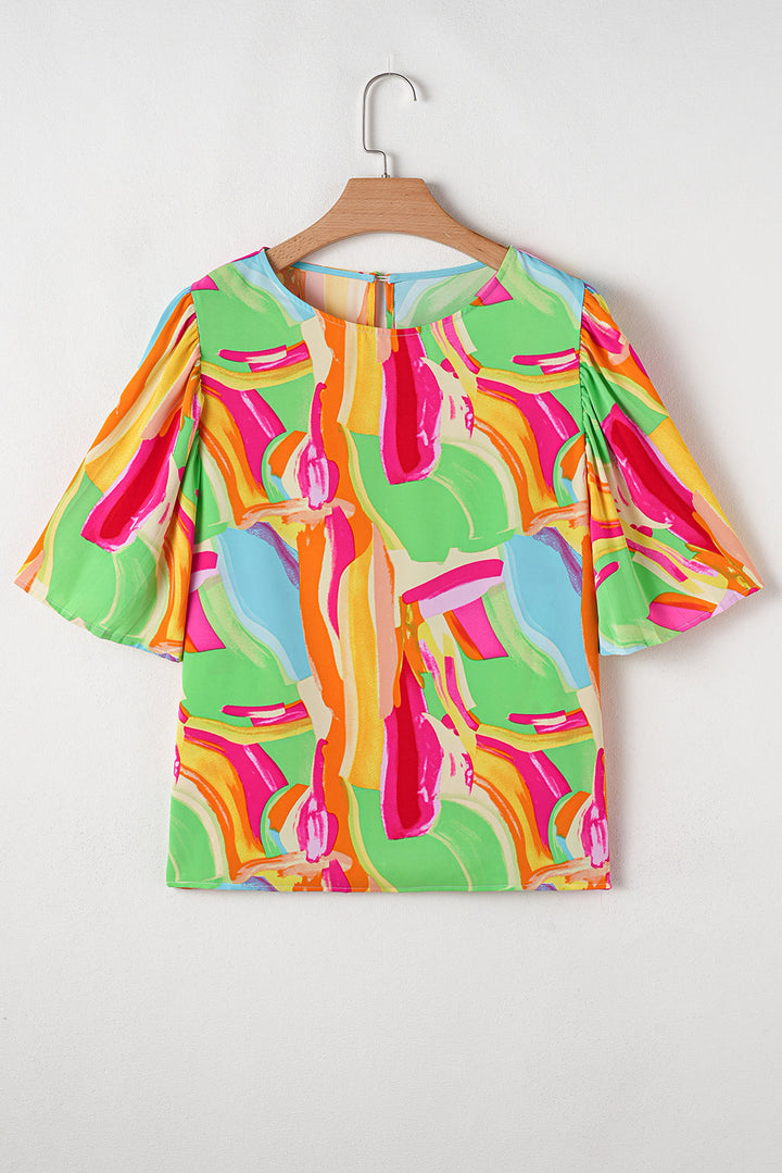 Abstract Print Keyhole Back Pleated Half Sleeve Blouse