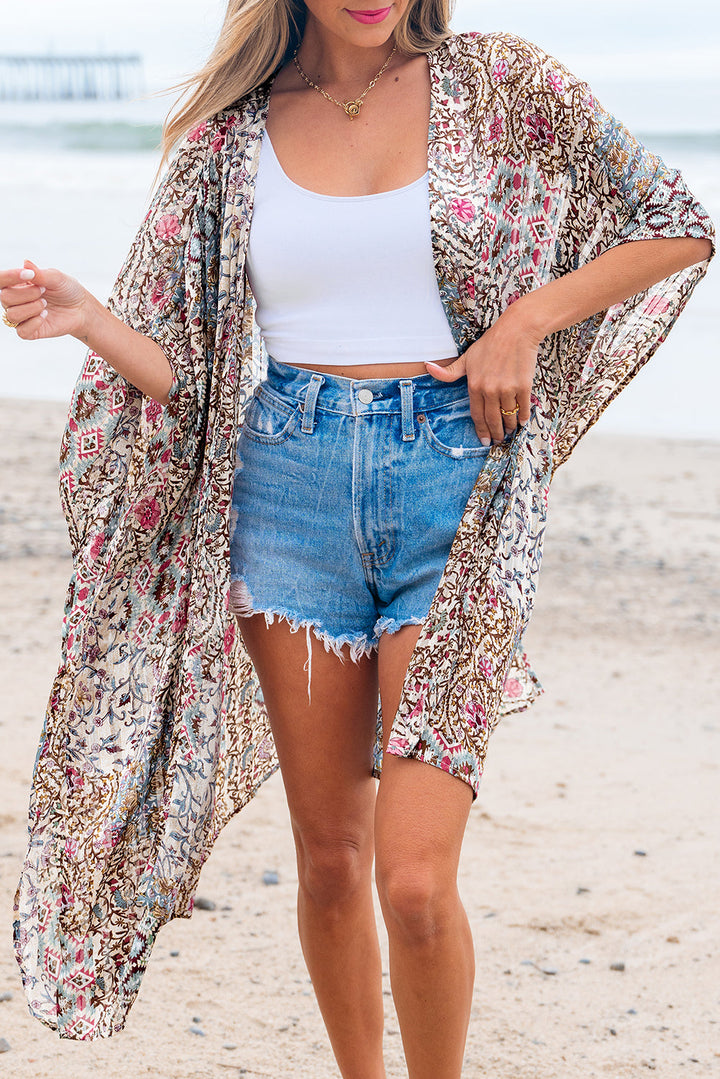 floral print short wide sleeve open front loose kimono