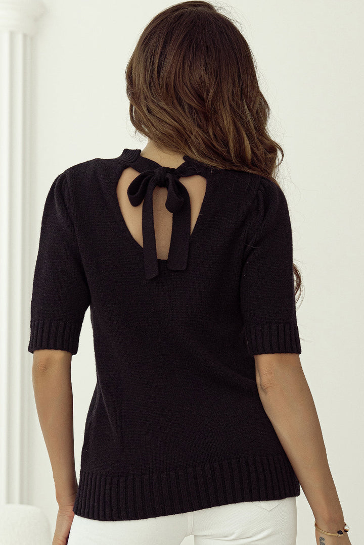 Knotted Keyhole Nape Short Sleeve Knit Sweater