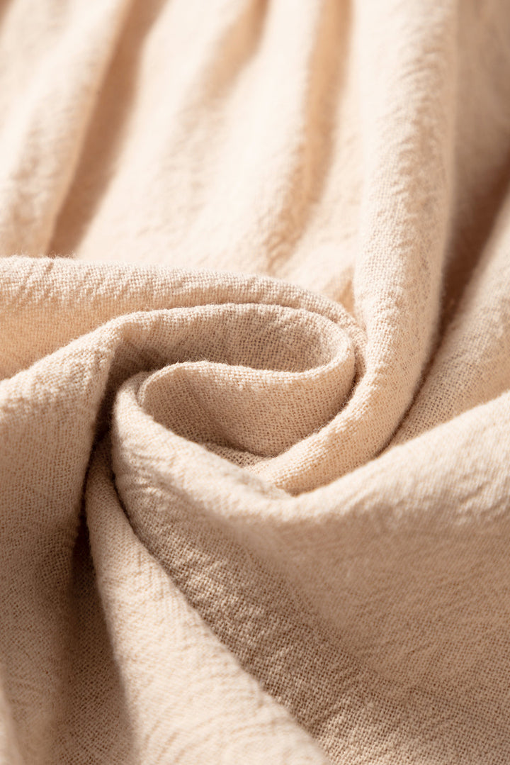 linen embroidery split neck pom pom ruffle sleeves flowy short dress