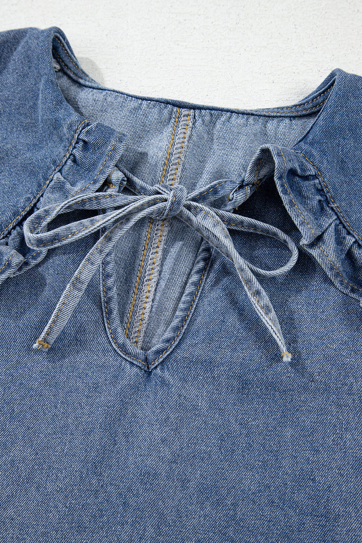 Ruffled Collared Side Pockets Puff Sleeve Denim Mini Dress