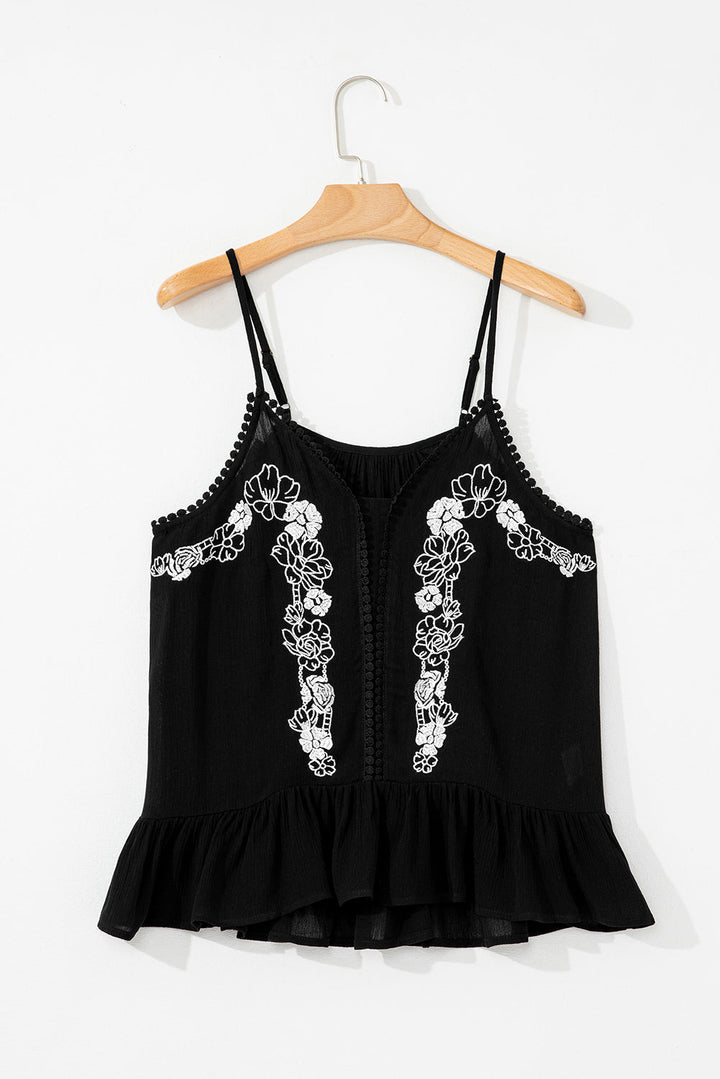 Floral Embroidery Ruffled Spaghetti Straps Tank Top