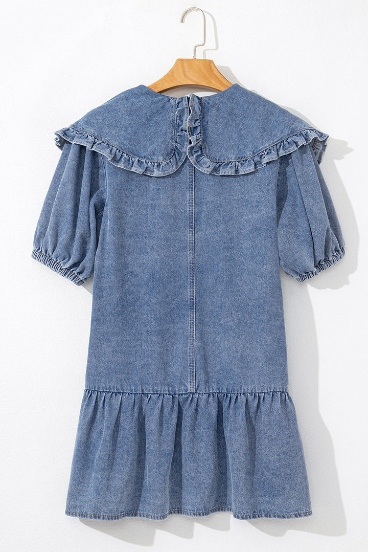 Ruffled Collared Side Pockets Puff Sleeve Denim Mini Dress