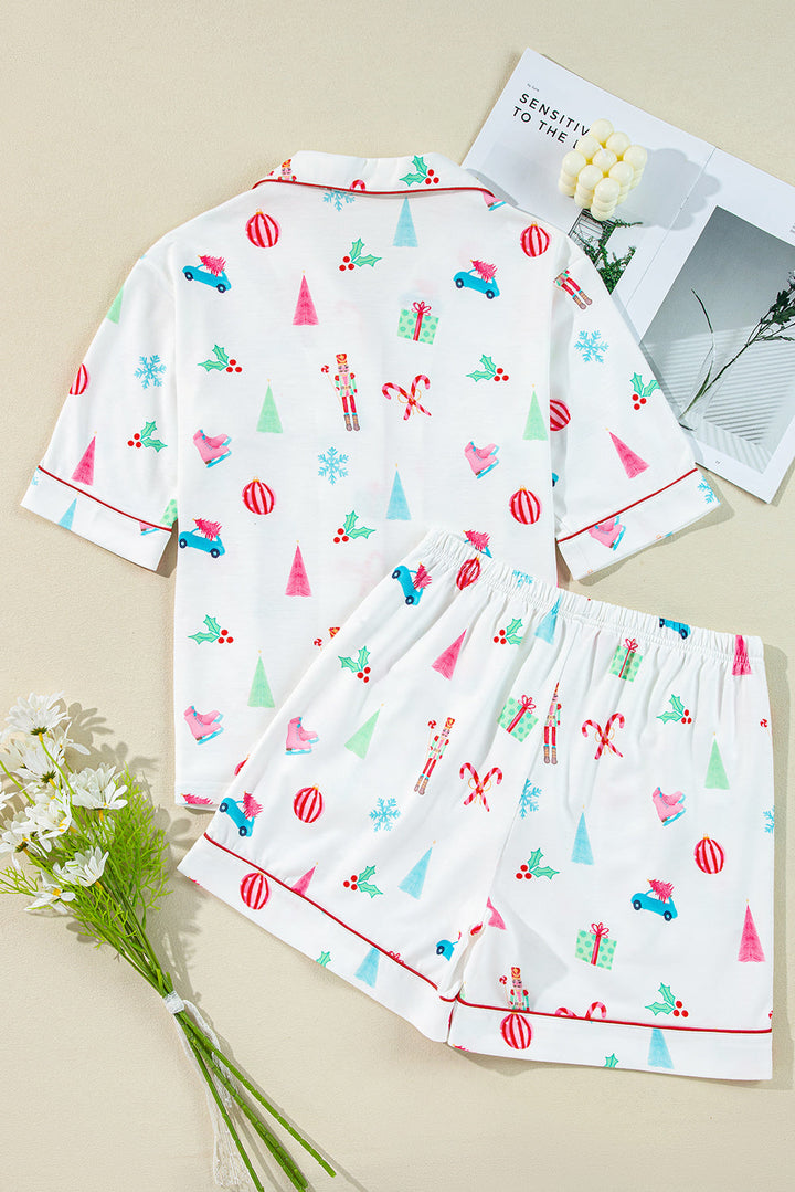 christmas print short sleeve shirt and shorts pajama set