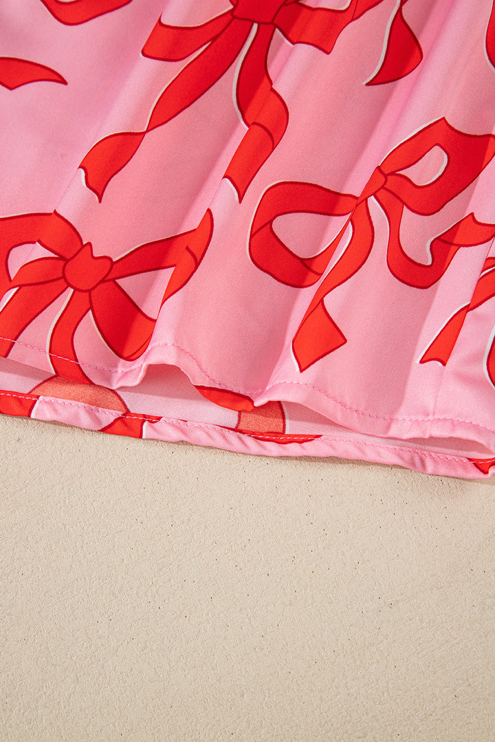 2pcs bow print shirt style long sleeve pajama set