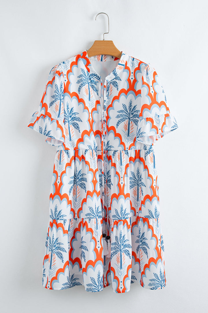 contrast palm tree printed short sleeve flowy dress