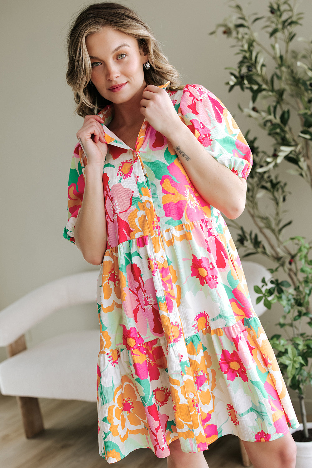 Floral Puff Sleeve Collar Buttoned Babydoll Dress