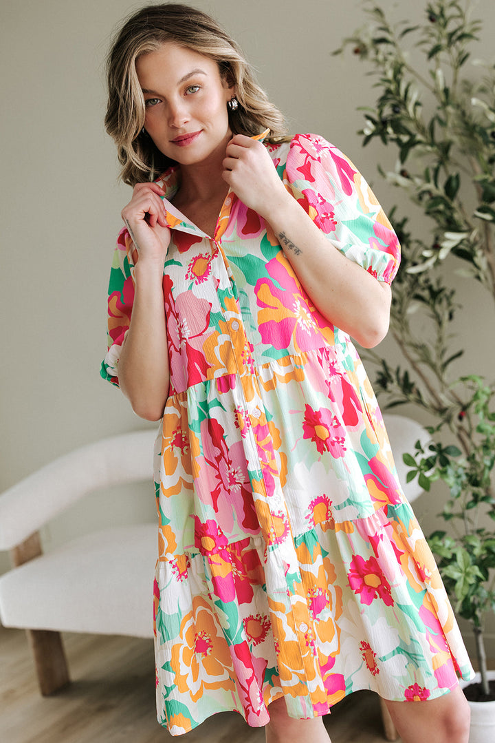 Floral Puff Sleeve Collar Buttoned Babydoll Dress