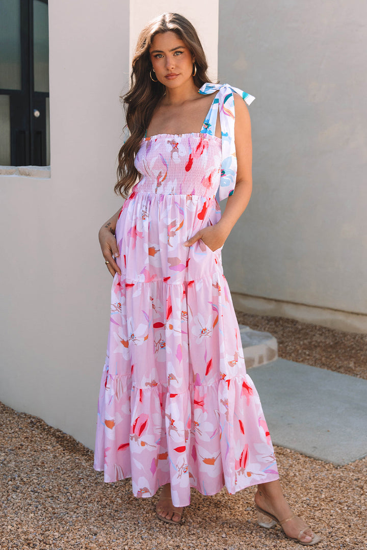 Floral Print Knotted Shoulder Smocked Maxi Dress
