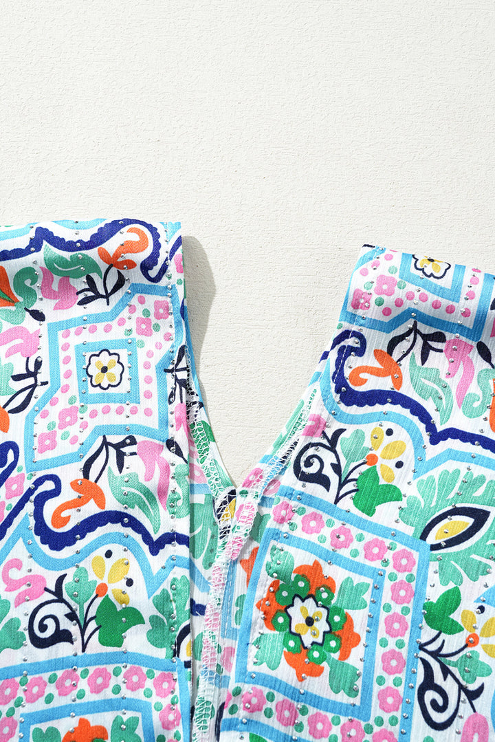 Boho Floral Printed Rhinestone 3/4 Sleeve Open Front Kimono