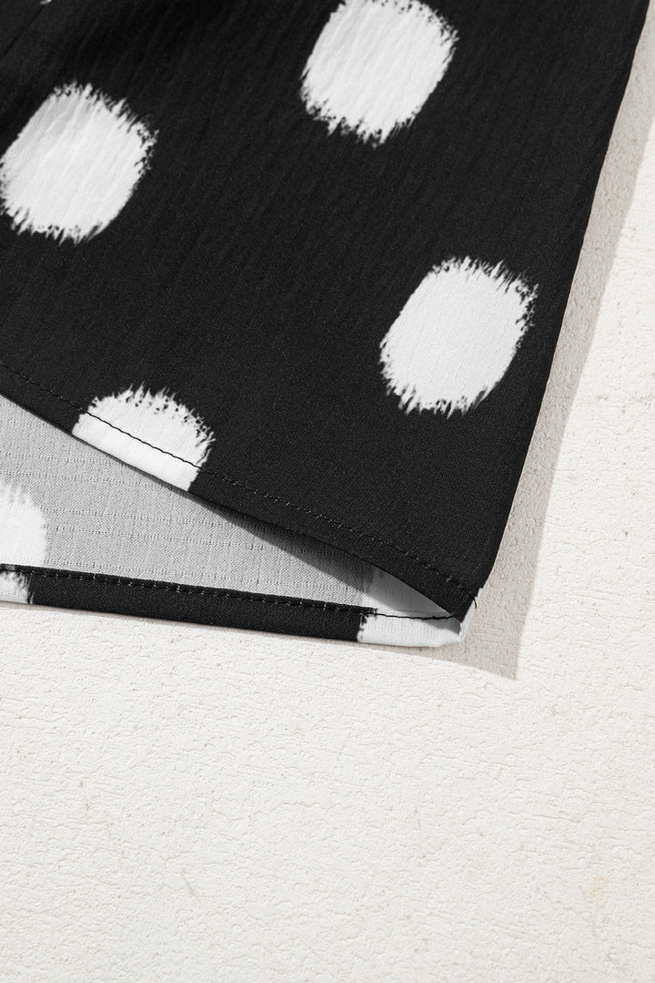 Polka Dot Print Shirred Yoke Notched Neck Balloon Sleeve Blouse